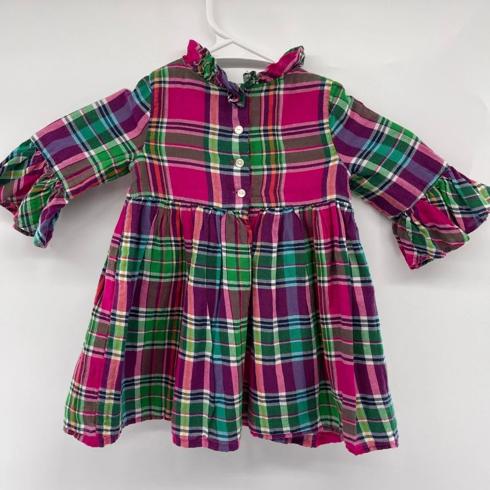 Ralph Lauren‎ Girls Plaid Ruffle Dress Long Sleeve Pink Green 12M